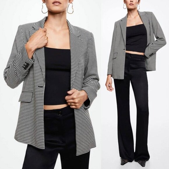Mango Houndstooth Oversized Blazer Jacket S Gray Single Button Preppy Academia - Picture 1 of 16